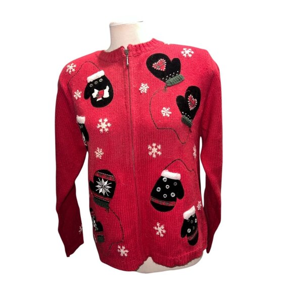 Christmas Winter Wool Cardigan Sweater Medium Red Mitten & Snowflake Design Crof - Picture 9 of 11